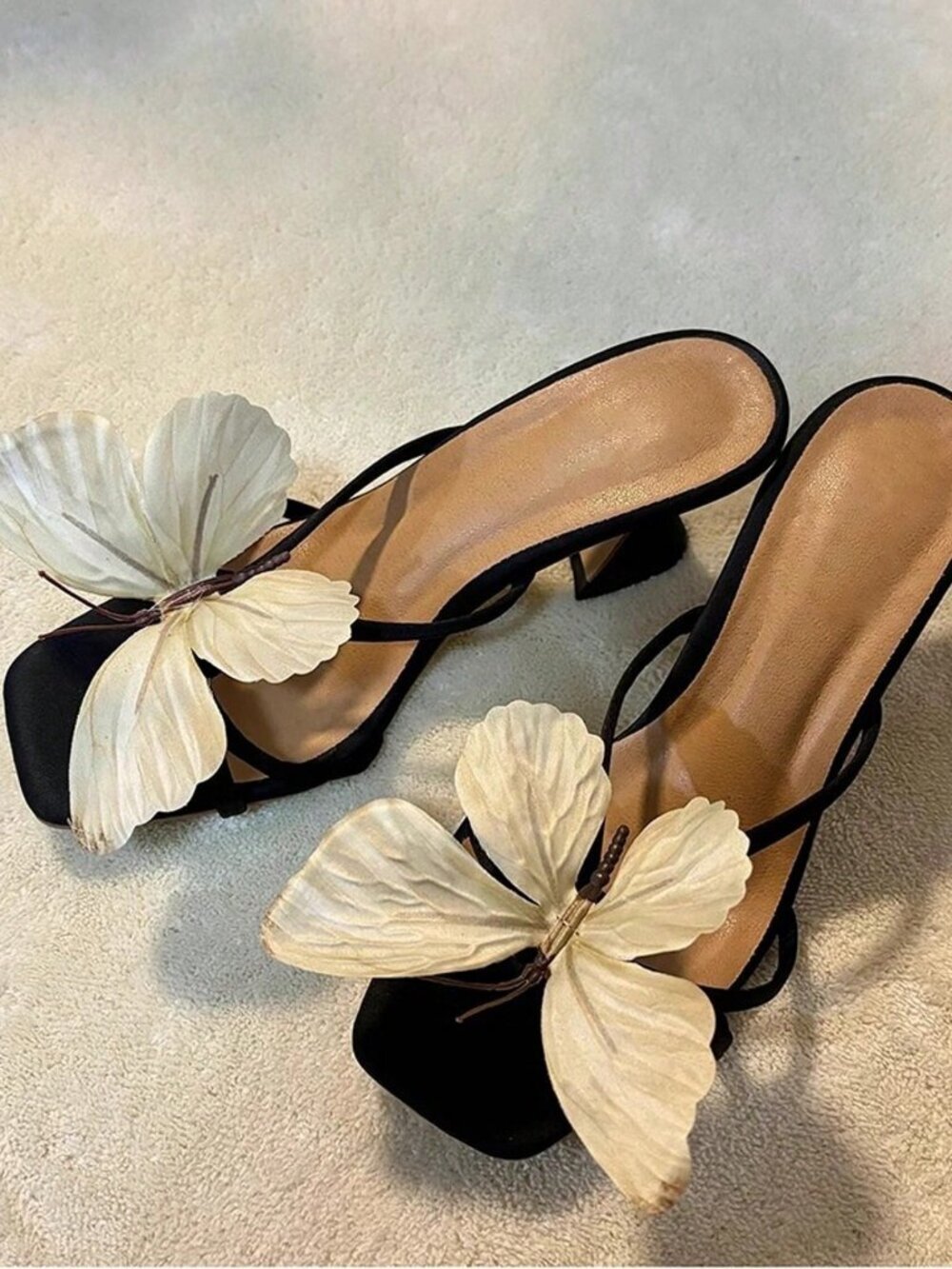 Black Chic Women's Square Open Toe Butterfly Decor Heels - Picture 5 of 6